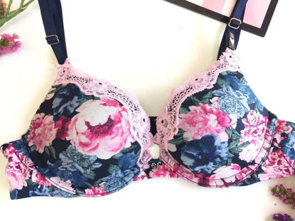 Imagen de Victoria's Secret Bra Dream Angels Push-Up 32B Azul Marino Flores y Detalle de Encaje